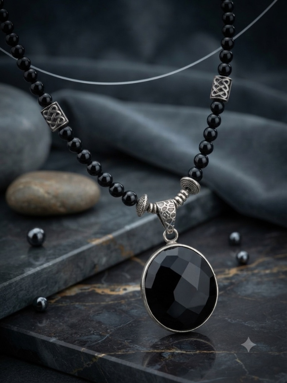 Necklace 925 Sterling Silver pendant Stamped Black Faceted Glass Necklace goth